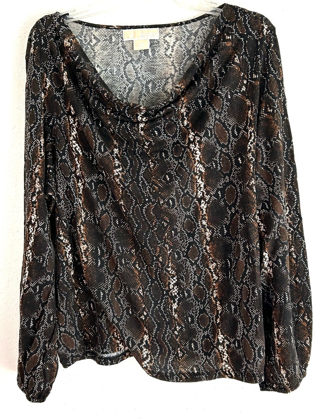MICHAEL Michael Kors Snake Print Blouse Women's Size 2X Brown Black Draped Neck
